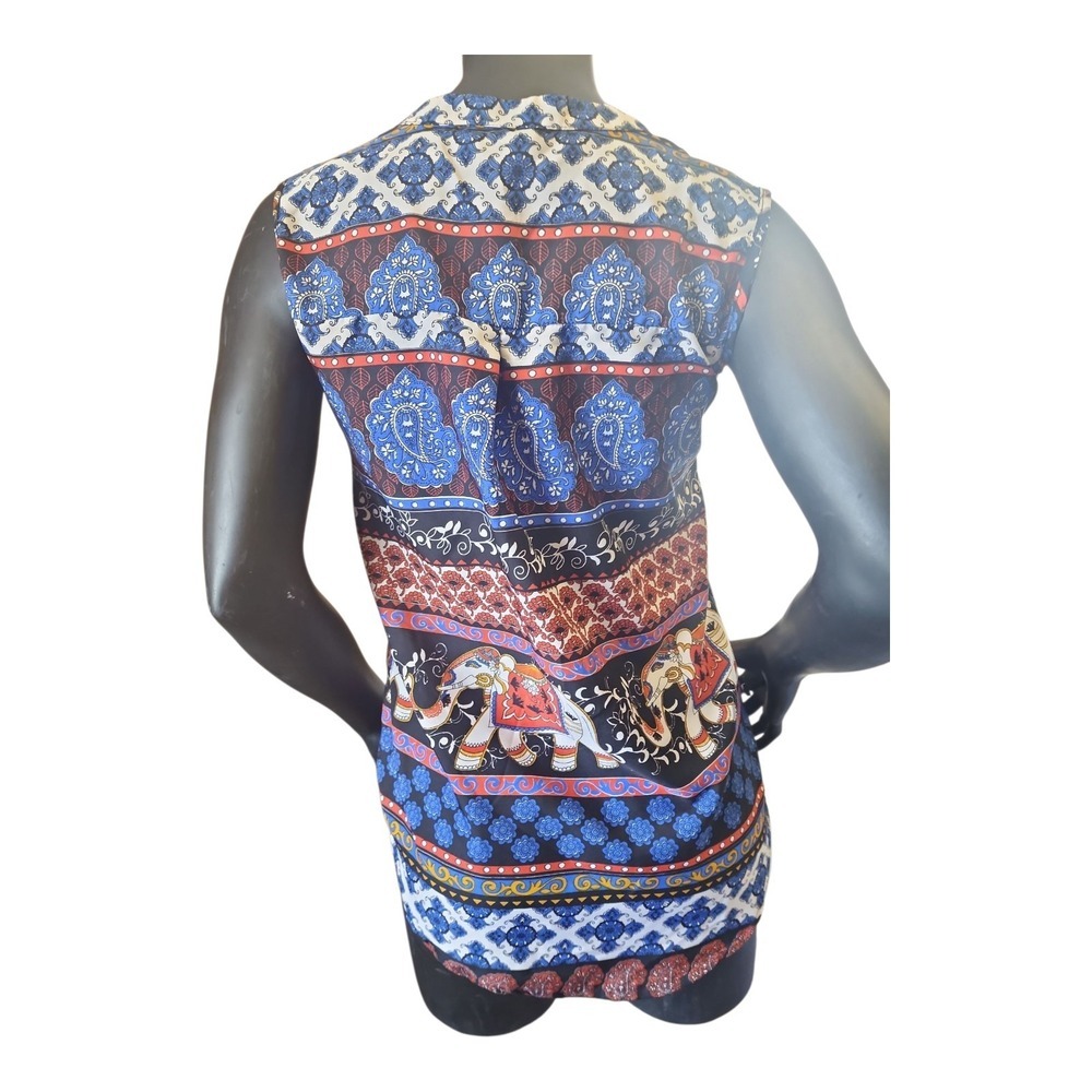 Manhattan Blues Tunic Top‎ S Boho Ethnic Elephant Print Sleeveless Curved Hem - Picture 5 of 10